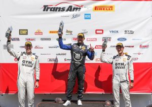 Justin Marks celebrates the first win of the 2023 Trans Am racing season